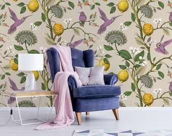 Chinoiserie wallpaper, blooming trees with fruits and birds, vintage scenic mural, peel and stick, self adhesive or regular wallpaper #642