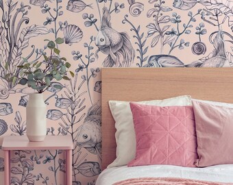 Papel tapiz de peces rosados y plantas submarinas, mural de pared vintage de vida marina, autoadhesivo, despegable y pegable, papel tapiz removible o normal #747