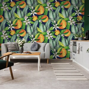 Orange tree, peel and stick wallpaper, floral print, self adhesive wallpaper, vintage wallpaper mural,temporary removable wallpaper #114