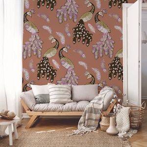 Vintage wallpaper with peacocks, peel and stick wall mural, retro bird wallpaper, removable wallpaper, floral wall decor #142