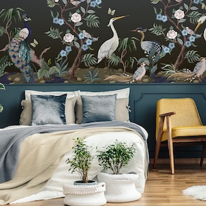 Retro wallpaper dark chinoiserie, peel and stick vintage wallpaper, removable bird wallpaper, wall sticker, vintage wall art #262