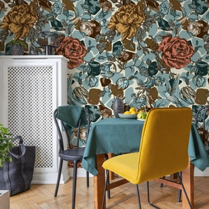 Vintage floral wallpaper with peonies and birds, self adhesive wall mural, removable peel and stick wallpaper, floral wallpaper mural #245