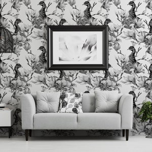 Peacock wallpaper, self adhesive wall mural, peel nad stick black and white wall art, vintage wallpaper, watercolor removable wallpaper #109