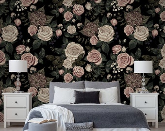 Dark roses wallpaper, peel and stick wallpaper, floral print, self adhesive wallpaper, vintage wallpaper, temporary removable wallpaper #117