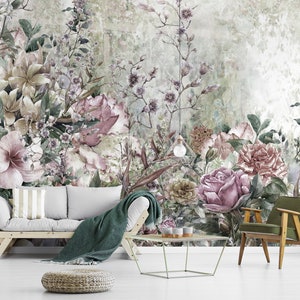 Grunge floral wall mural, vintage wallpaper, peel and stick removable wallpaper, floral background, self adhesive wall decor #287