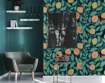 Retro wallpaper with tropical fruit, peel and stick wallpaper, retro floral wall mural, removable wallpaper #227