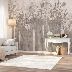Grunge vintage floral wall mural, self adhesive, removable, peel and stick wallpaper, flowers on old grunge wall, floral wall decor #310