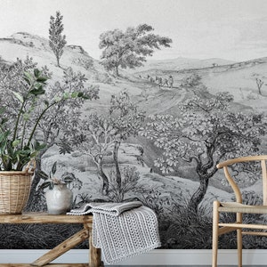 Scenic wallpaper, landscape wall mural, tree wallpaper, vintage mural, wall art, peel and stick, self adhesive or regular wallpaper #615