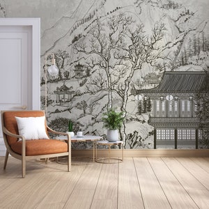Landscape wallpaper, vintage style wall mural,  self adhesive, peel and stick mural, removable or traditional wallpaper #592