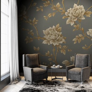 Dark floral wallpaper, vinatge botanical wallpaper, custom wallpaper, peel and stick, self adhesive or regular wallpaper #827