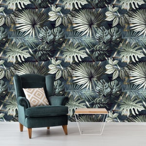 Vintage tropical leaves wallpaper, self adhesive jungle wall mural, dark leaves removable wallpaper, peel and stick wallpaper #90