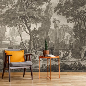 Vintage landscape wall mural, peel and stick wall mural, etching wallpaper by Moucheron, self adhesive removable wallpaper #240