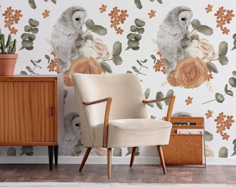 White owl wallpaper, vintage watercolor pattern, self adhesive, peel and stick wallpaper, floral wall decor, removable wallpaper #385