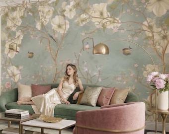 Botanisches Wandbild im Chinoiserie-Stil, florales Retro-Wandbild, Vogelmotiv, Heimdekoration, selbstklebend oder traditionelles Vinyl #221