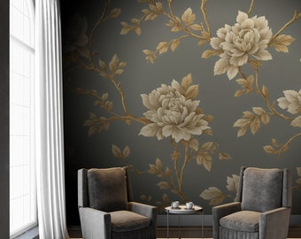 Dark floral wallpaper, vinatge botanical wallpaper, custom wallpaper, peel and stick, self adhesive or regular wallpaper #827