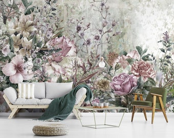 Grunge floral wall mural, vintage wallpaper, peel and stick removable wallpaper, floral background, self adhesive wall decor #287