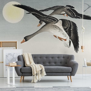 Flying birds wallpaper mural, peel and stick, vintage removable wallpaper, bird print wall mural, retro style wall decor #276