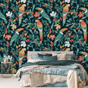 Tropical birds wallpaper with tropical pattern, peel and stick wallpaper, retro floral wall mural, removable wallpaper #224
