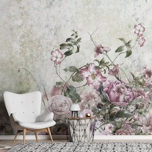 Floral painting wall mural, peel and stick removable wallpaper, temporary vintage background wallpaper, self adhesive wall decor #282