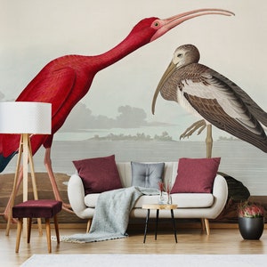 Scharlachroter Ibis Tapete Wandbild, schälen und kleben, Vintage abnehmbare Tapete, Vogeldruck Wandbild, Retro-Stil Wanddekor #257