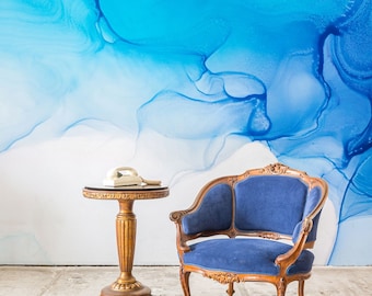 Watercolor blue marble wallpaper, abstract panting, self adhesive, peel and stick wallpaper, wall decor, removable #485