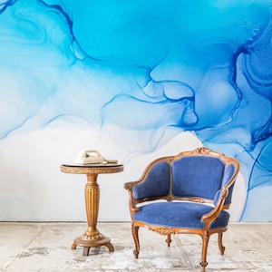 Watercolor blue marble wallpaper, abstract panting, self adhesive, peel and stick wallpaper, wall decor, removable #485