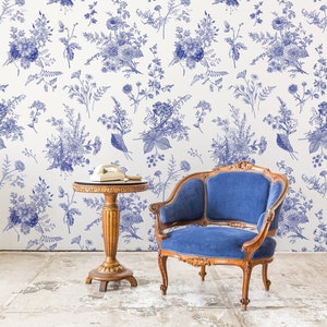 Botanical wallpaper, floral wall mural, vintage wallpaper, blue floral pattern, peel and stick, self adhesive or regular wallpaper #645