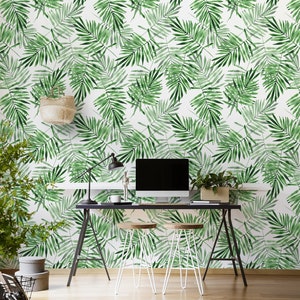 Retro wallpaper with green palm leaves, peel and stick wall mural, watercolor pattern, temporary tropical wallpaper, wall decor #130