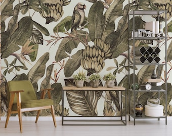 Vintage jungle wallpaper, self adhesive wallpaper, vintage tropical wallpaper, palm leaves removable wallpaper, peel and stick wallpaper #17