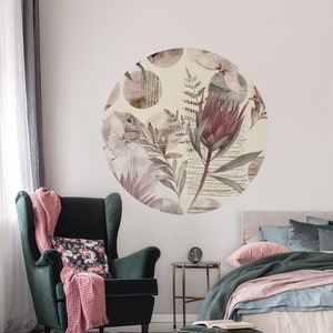 Floral circle wall sticker, self adhesive wall decal, circle decal, retro wall decor, dot wall decal, peel and stick