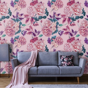 Pink peony removable wallpaper, self adhesive, temporary vintage wallpaper, retro wall art, floral home decor, peel and stick wallpaper #88