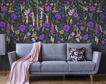 Self adhesive wallpaper with dark wild flower, peel and stick vintage wallpaper, dark wall mural, floral removable wallpaper, wall decor #41