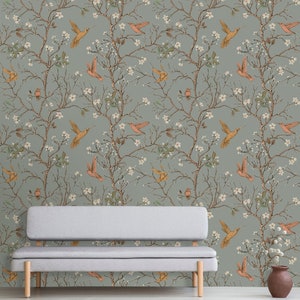 Retro floral wallpaper, peel and stick wallpaper, chinoiserie wall mural, removable wallpaper #218