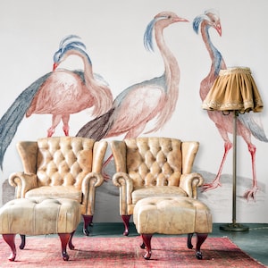 Crane birds wallpaper mural, peel and stick, vintage removable wallpaper, bird print wall mural, retro style wall decor #277