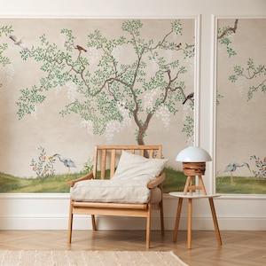 Bird tree retro wall mural, vintage chinoiserie wallpaper, removable, self adhesive, peel and stick wallpaper, retro wallpaper #351