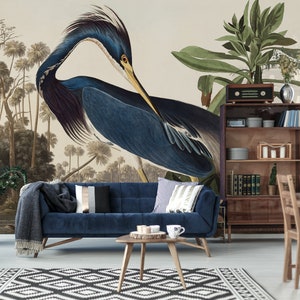 Blue heron wallpaper mural, peel and stick, vintage removable wallpaper, bird print wall mural, retro style wall decor #256
