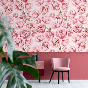 Pink peonies, retro peel and stick wallpaper, vintage  watercolor wall mural, removable wallpaper #12