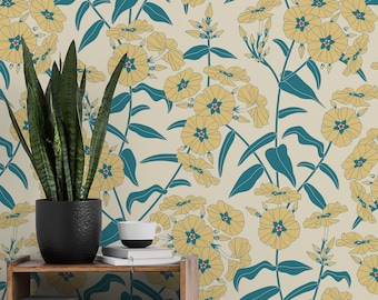 Yellow flowers wallpaper, self adhesive vintage wall mural, retro floral wall art, rpeel and stick wallpaper, temporary wall mural #4