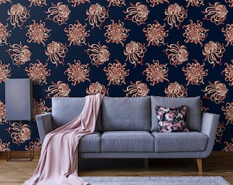 Vintage wallpaper with orange chrysanthemum flowers, self adhesive, temporary wallpaper, floral home decor, peel and stick wall mural #86