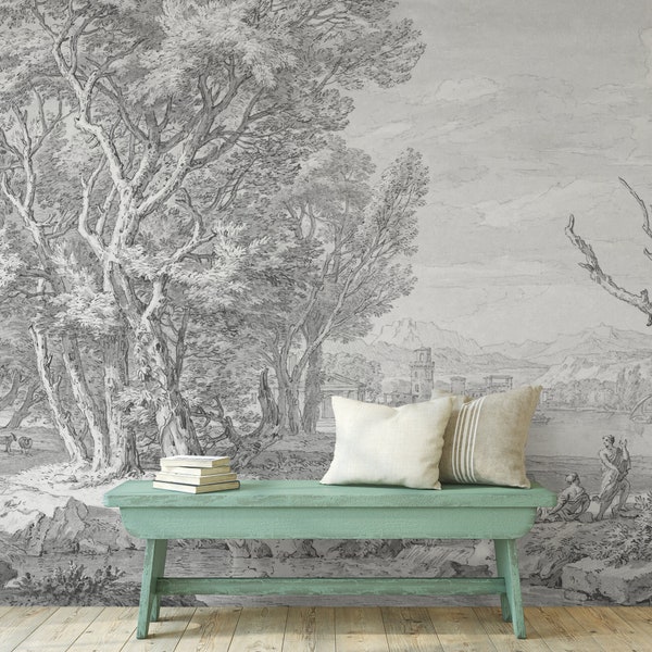 Classic old landcape black and white wall mural, peel and stick  vintage self adhesive wallpaper, temporary wall mural #323