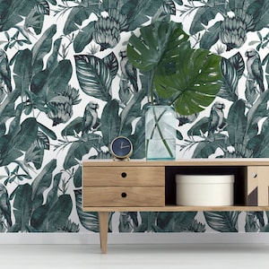Vintage wallpaper with palm leaves and parrots, self adhesive tropical wallpaper mural, removable wallpaper, peel and stick wallpaper #49
