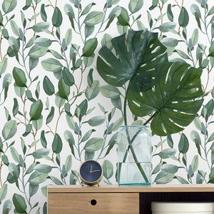 Eucalyptus leaf retro wallpaper, peel and stick wall mural, watercolor pattern, temporary tropical wallpaper, removable wall decor #131