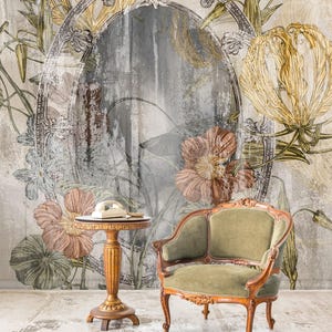 Mirror & flowers concrete floral wallpaper, vintage home decor, custom wallpaper, peel and stick, self adhesive or regular wallpaper #851