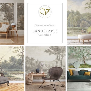 Puede incluir: Un collage de seis im&aacute;genes que muestran diferentes dise&ntilde;os de papel tapiz con paisajes esc&eacute;nicos. Las im&aacute;genes representan diferentes ambientes de sala de estar con muebles y decoraci&oacute;n, destacando la versatilidad del papel tapiz.