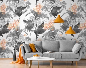 Watercolor gray birds wallpaper, self adhesive, peel and stick wallpaper, wall decor, removable peel and stick wallpaper #459