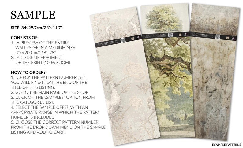 May include: Three rectangular wallpaper samples measuring 33 inches by 11.7 inches. The left sample features a light peacock and floral design, the center shows a green tree, and the right displays a tall grass landscape. Text includes SAMPLE.