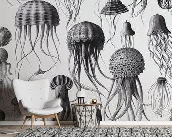 Papel pintado de criaturas marinas, mural de pared de medusas, papel pintado de arte vintage, autoadhesivo, despegable y pegable, papel pintado removible o normal #811