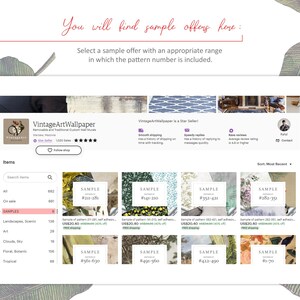 May include: A digital interface for the VintageArtWallpaper Etsy shop, displaying a grid of sample wallpaper listings. Each listing features a white rectangular overlay with the text SAMPLE followed by a specific numerical pattern range.