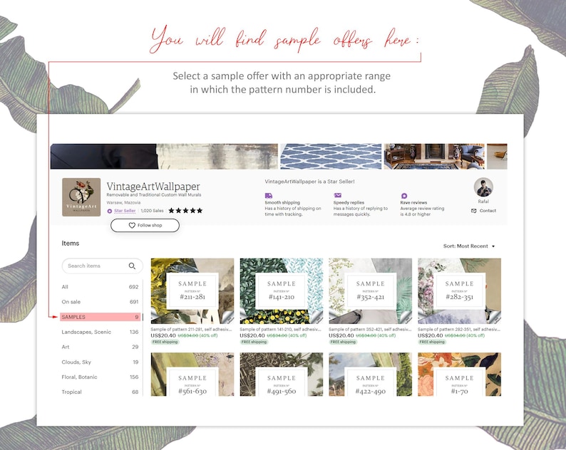 May include: A digital interface for the VintageArtWallpaper Etsy shop, displaying a grid of sample wallpaper listings. Each listing features a white rectangular overlay with the text SAMPLE followed by a specific numerical pattern range.