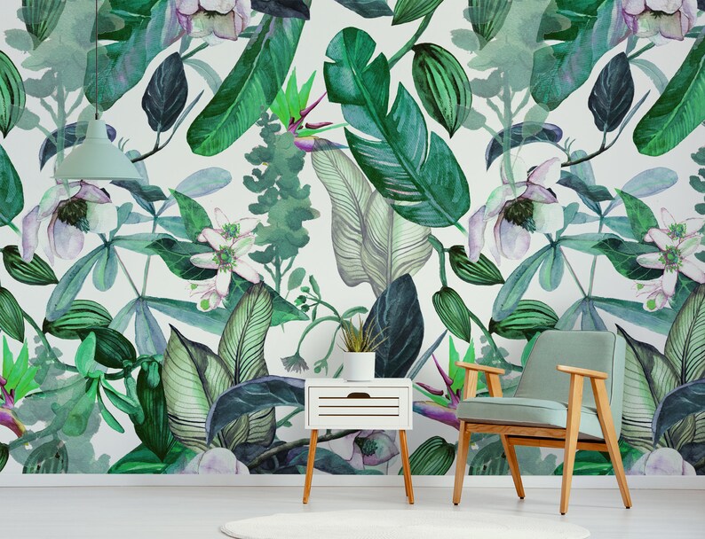 Watercolor jungle wallpaper self adhesive vintage tropical Etsy